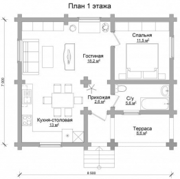 Одноэтажный дом из бревна с террасой 7х8,5 м (59,5 кв.м)