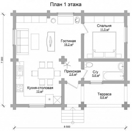 Одноэтажный дом из бревна с террасой 7х8,5 м (59,5 кв.м)