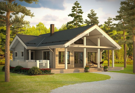 Одноэтажный дом с террасой из двойного бруса, 12х10 м, 80 кв.м