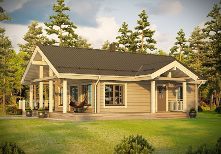 Одноэтажный дом с террасой из двойного бруса, 12х10 м, 80 кв.м