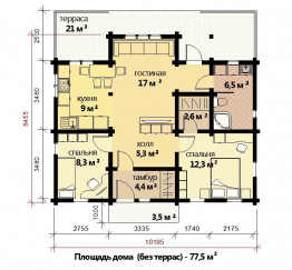 Дом с террасой из двойного бруса, 10х9.5 м, 80 кв.м, две спальни 