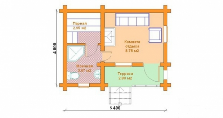 Баня из рубленного бревна 4х5,4 м, 15.4 кв. м, с крыльцом