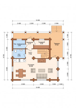 Сруб двухэтажного дома с террасой 123,98 м2