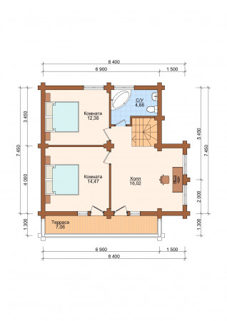 Сруб двухэтажного дома с террасой 123,98 м2