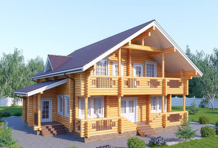 Дом с мансардой и террасой из бревна 12х13,9 м (230 кв.м)