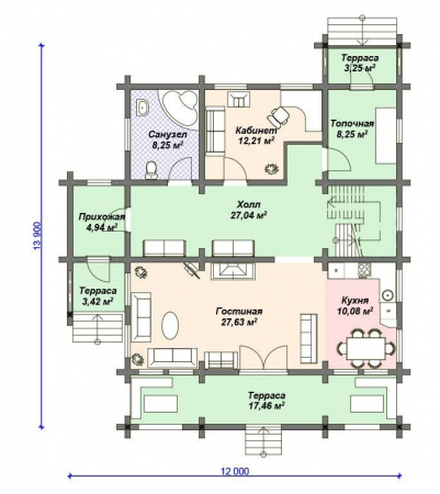 Дом с мансардой и террасой из бревна 12х13,9 м (230 кв.м)
