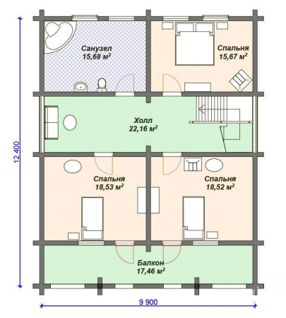 Дом с мансардой и террасой из бревна 12х13,9 м (230 кв.м)