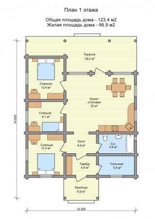 Сруб дома с мансардой, 14.5 на 10 м, 123,4 м2
