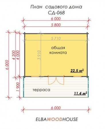 Красивый садовый домик из минибруса, 6х6 м, 22.5 кв. м, с террасой 