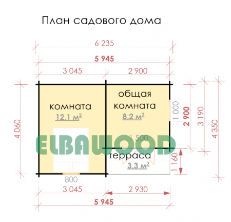 Одноэтажный садовый домик из мини-бруса, 6х4 м, 20.3 кв. м 