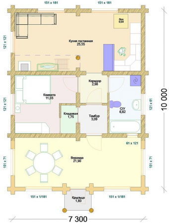 Дом с мансардой из бревна 7,3х10 м (133 кв.м)