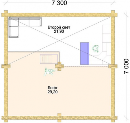 Дом с мансардой из бревна 7,3х10 м (133 кв.м)