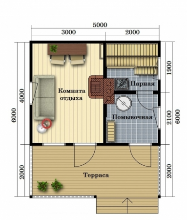 Баня из бруса 5x6 м (20 кв.м) с верандой