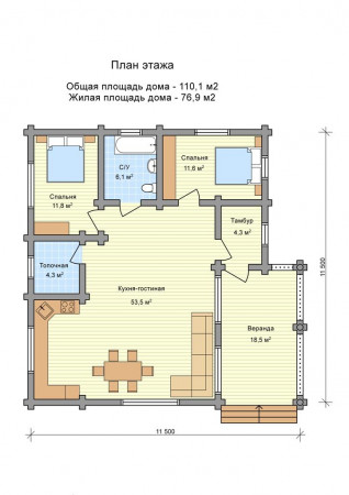 Сруб одноэтажного дома 11.5 на 11.5 м, 110,1 м2