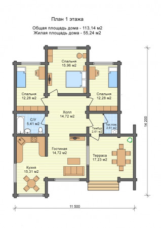 Сруб одноэтажного дома 113,14 м2 с террасой