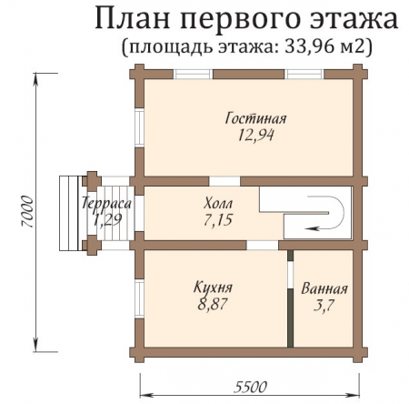 Дом с мансардой из бревна 5,5х7 м (69 кв.м)