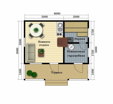 Баня из бруса 5x6 м (21 кв.м) с верандой