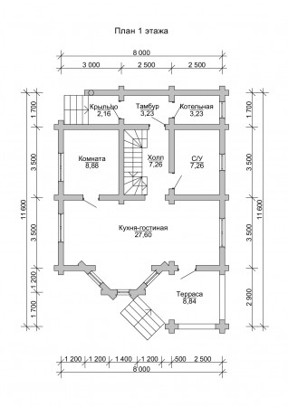 Сруб дома 11.6 на 8 м, 112,05 м2, с мансардой