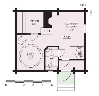 Баня из бруса 5,7x6,4 м (30 кв.м)