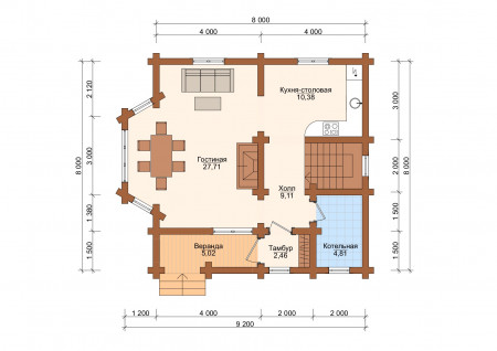Сруб дома 8 на 8 м, 110,73 м2, с мансардой