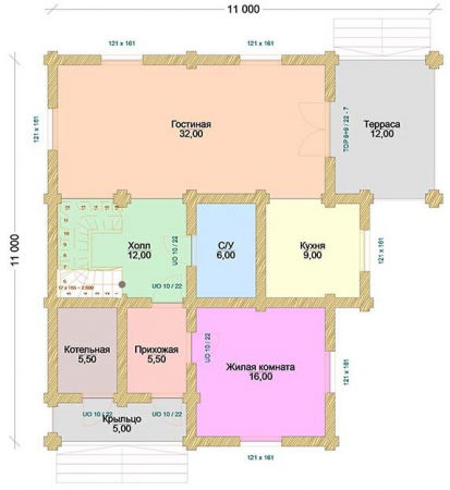 Двухэтажный дом из бревна 11х11 м (220 кв.м)