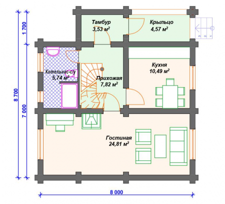 Двухэтажный дом из бревна 8х8,7 м (105 кв.м)