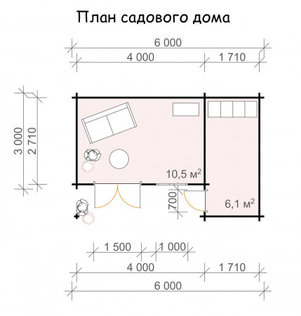 Деревянный садовый домик из минибруса, 6х3.8, 16.6 кв. м, с террасой 