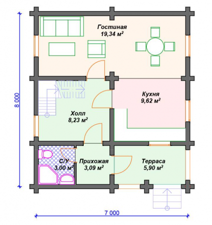 Дом с мансардой из бревна 7х8 м (87 кв.м)