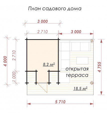 Садовый домик из минибруса, 5.7х4, 8.2 кв. м, с террасой 