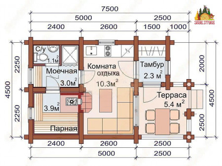 Сруб одноэтажной бани с террасой 20,5 кв.м