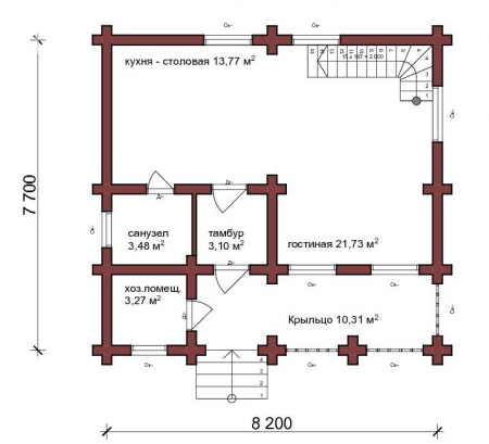 Дом с мансардой из бревна 7,7х8,2 м (126 кв.м)