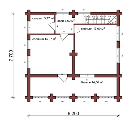 Дом с мансардой из бревна 7,7х8,2 м (126 кв.м)