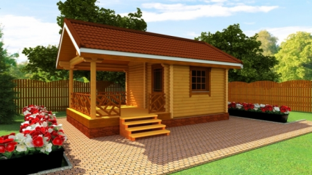 Баня из рубленного бревна 4х7 м, 11.6 кв. м, с летней террасой