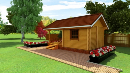 Баня из рубленного бревна 4х7 м, 11.6 кв. м, с летней террасой