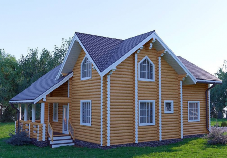 Дом с мансардой и террасой из ОЦ бревна 9,9х14,8 м (166 кв.м)