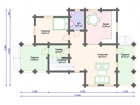 Дом с мансардой и террасой из ОЦ бревна 9,9х14,8 м (166 кв.м)