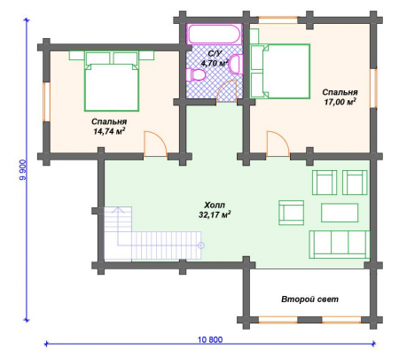 Дом с мансардой и террасой из ОЦ бревна 9,9х14,8 м (166 кв.м)