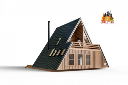 A-Frame дом два уровня, 9x7 метра, 76 кв. м, с террасами