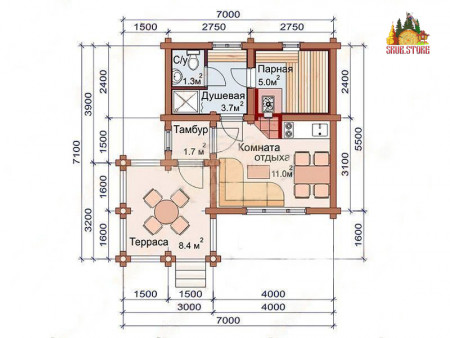 Сруб одноэтажной с террасой бани 22,6 кв.м