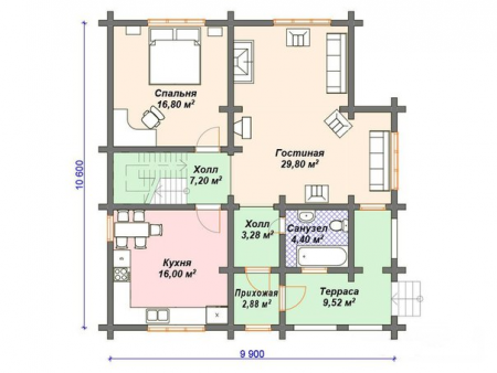 Дом с мансардой из бревна 9,9х10,6 м (165 кв.м)
