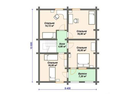 Дом с мансардой из бревна 9,9х10,6 м (165 кв.м)