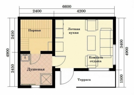 Баня из бруса 4,9x6,6 м (26 кв.м) с террасой