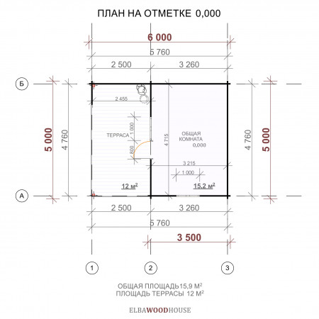 Одноэтажный садовый домик из бруса, 6х5 м, 15.2 кв. м, с террасой 