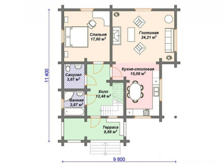 Дом с мансардой из бревна 9,8х11,4 м (161 кв.м)