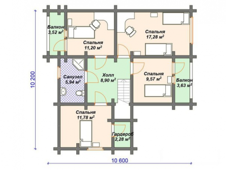 Дом с мансардой из бревна 9,8х11,4 м (161 кв.м)
