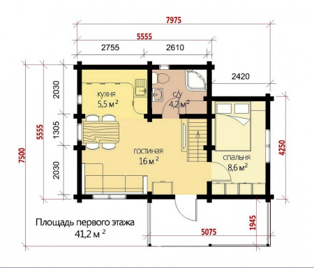 Дом с мансардой из двойного бруса, 8х5.5, 70 кв.м