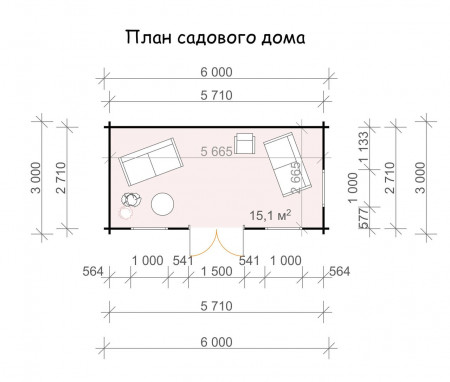Одноэтажный садовый домик из бруса, 6х3 м, 15.1 кв. м 