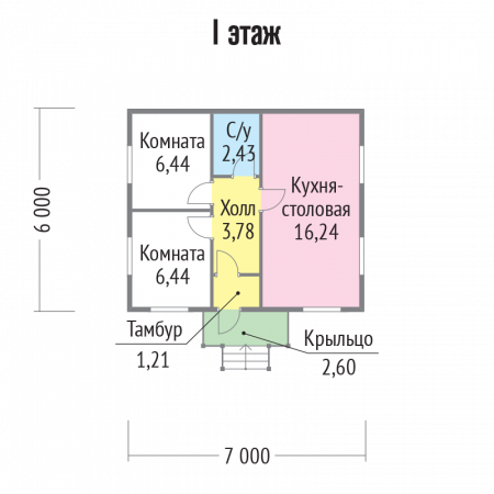 Одноэтажный дачный каркасный дом, 7х6 м, 36.5 кв. м