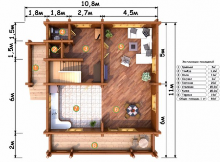 Двухэтажный дом из бревна 10,8х11 м (214,2 кв.м)