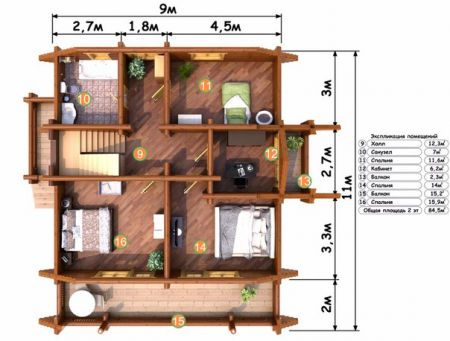 Двухэтажный дом из бревна 10,8х11 м (214,2 кв.м)